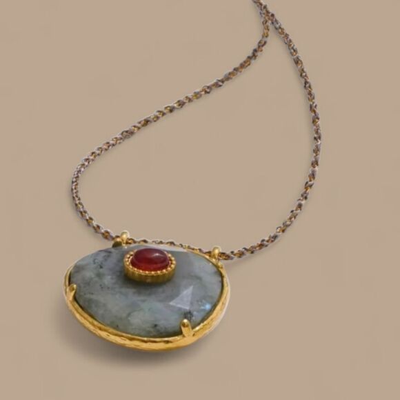 New ANTHRO 18k Gold Ss natural Spectrolite Red Agate Stone Pendant Necklace - Picture 1 of 7